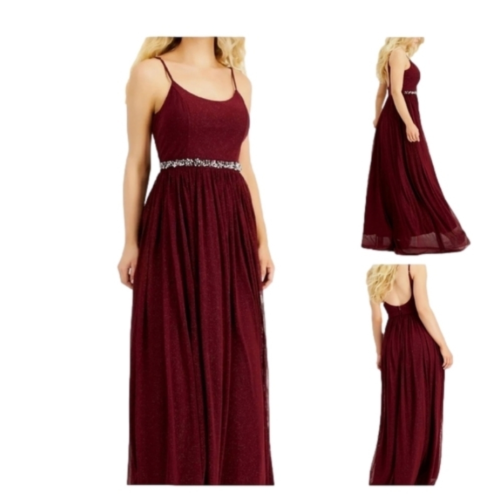 SPEECHLESS Burgundy Glitter Sheer Evening Gown Size 9 Beaded Flowing Faux pearl - Picture 4 of 17